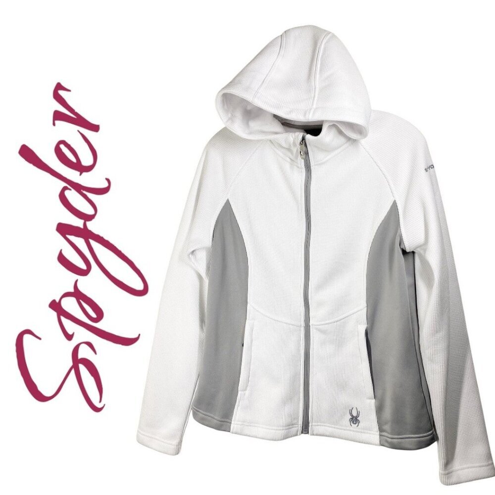 SPYDER LAYNA‎ FULL ZIP MOCK NECK WAFFLE KNIT JACKET HOOD WHITE GRAY, MEDIUM